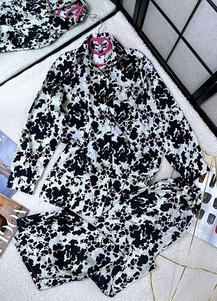 Пижама женская с брюками шелковая брюки рубашка зимняя на зиму домашний костюм черная белая голубая розовая7 фото