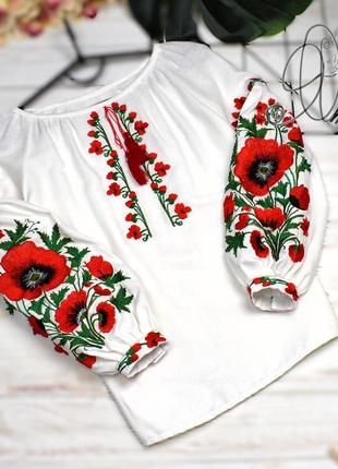 Вишиванка на дівчинку "червоні маки" айворі-льон