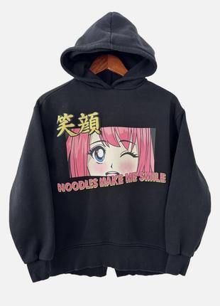 Zara черное очень теплое худи-аниме “noodles make me smile”, зимняя толстовка с капюшоном на флисе, оверсайз свитшот, уличная кофта, размер s/m/l/xl