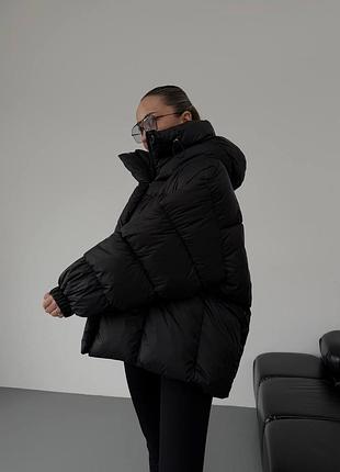 Куртка женская черная короткая с капюшоном теплая осенняя весенняя зимняя оверсайз