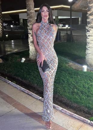 Вечерняя макси бежевая сетка платья камни стразы