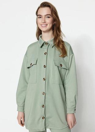 Плотная рубашка стрейч женская стильные накладные карманы роскошный цвет мяты