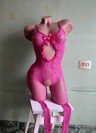 Еротичне боді сексуальна рожева сіточка бодистокинг