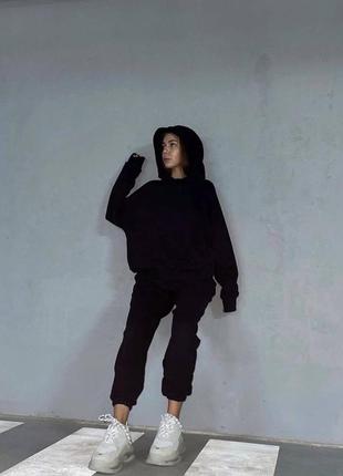 Костюм спортивный оверсайз женский худи кофта с капюшоном толстовка брюки джоггеры комплект базовый трендовый на флисе теплый черный бежевый