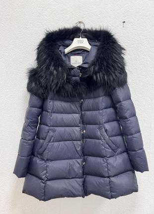 Куртка пуховик натуральный пух moncler темно синий женский