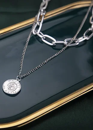 Серебряная двойная цепочка чокер ожерелье подвеска колье бижутерия подарок