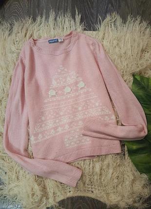Розовый свитер, джемпер с елкой, новогодний свитер