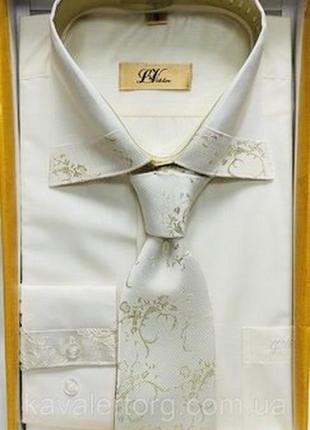 Рубашка костюмная мужская молочного цвета с отделкой и галстуком s- 46розм