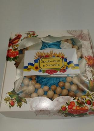 Украинские бусы ручной работы бежевого цвета из дерева и ленты+подарок7 фото