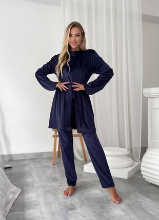 Велюровий домашній костюм трійка піжама з халатом на запах з футболкою з штанами прямого крою одяг для дому