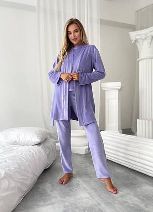 Велюровий домашній костюм трійка піжама з халатом на запах з футболкою з штанами прямого крою одяг для дому