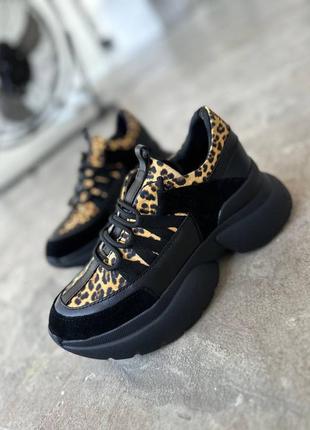 Кроссовки, к060, черный/лео, натуральная кожа/замша