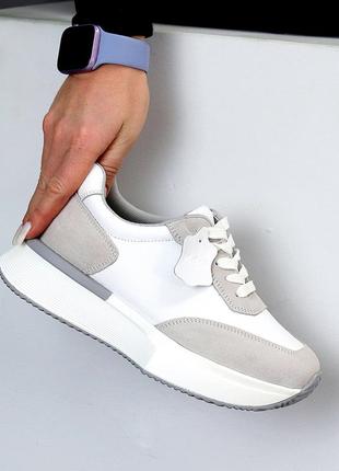 Повсякденні білі сірі кросівки міксові натуральна шкіра + замша сучасний дизайн 23315