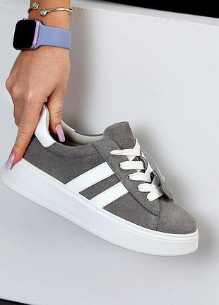 Серые белые кроссовки крипперы натуральная кожа + замша на белой подошве 23443