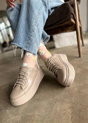 Кеды на повышенной подошве, к061, беж, натуральная кожа/замша