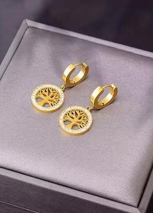 Серьги золотистые с деревом жизни, золотистые серьги подвески