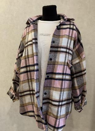 Утеплена подовжена сорочка рубашка в клітинку оверсайз