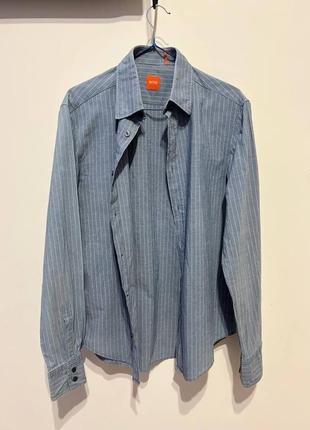 Стильная мужская рубашка hugo boss, голубая рубашка в полоску с длинными рукавами, сорочка