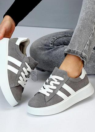 Женские кожаные замшевые серые кроссовки весенне осенние натуральная кожа замша весна осень