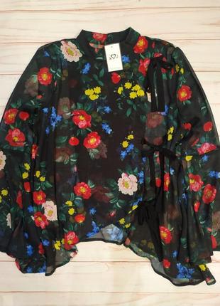 Прозрачная ассиметричная блуза* цветочный принт* расклешенный рукав2 фото