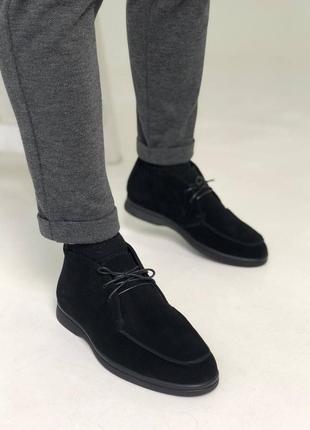 Стильні класичні черевики з натуральної замші на байці, чоловічі замшеві лофери на шнурівці