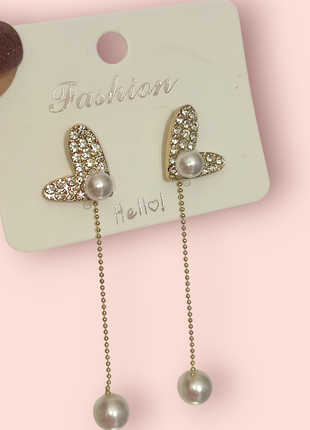 Сережки с сердечками, сережки с жемчужинами, серьги с жемчужинками, украшения, серёжки-протяжки