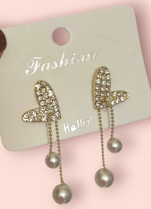 Сережки с сердечками, сережки с жемчужинами, серьги с жемчужинками, украшения, серёжки-протяжки