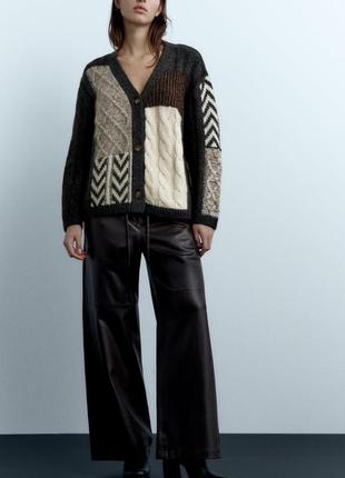 Новый стильный женский кардиган зара, оригинал, размер l-xl оверсайз в стиле печворк, комбинированные фактуры и цвета