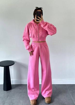 Теплый костюм: укороченная кофта oversize+прямые брюки палаццо на высокой посадке свободного кроя графит барби стильный