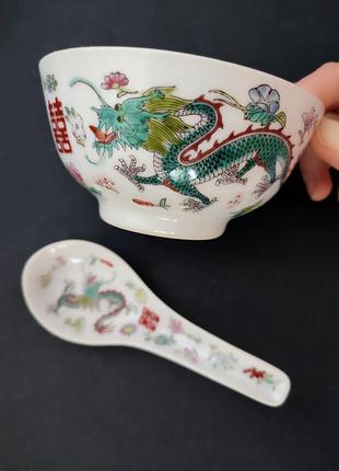 Вінтажна китайська миска для рису і супу dragon phoenix , з драконом і феніксом, фарфор