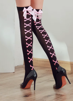 Плотные чулки (заколинки, высокие гольфы) с бантом и принтом в виде костей в стиле лоза