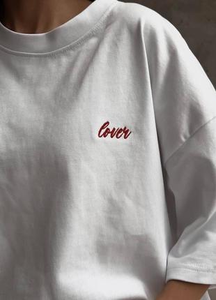 Женская хлопковая футболка с вышивкой, оверсайз, свободного кроя, белая, кулир, прямая, спущенное плечо, хлопок, базовая, с надписью