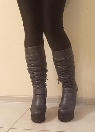 Сапоги женские на танкетке платформе серые синие зимние кожаные