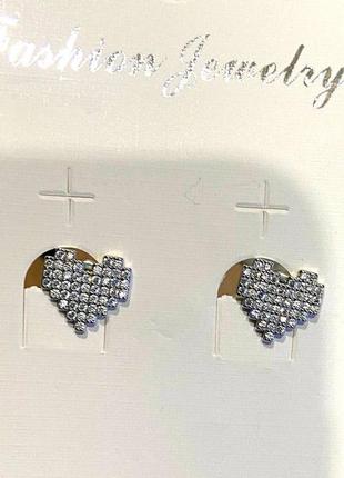 Біжутерія сережки зі стразами срібна оправа  "сердечки"/італія.