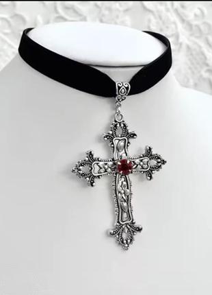Чокер колье черный с кулоном ✝️ кристом готический новый