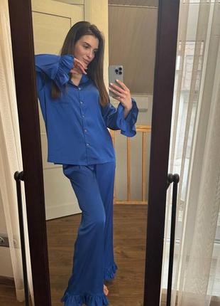 Стильная шелковая женская пижама с рюшами рубашка + штаны шелк синяя электрик