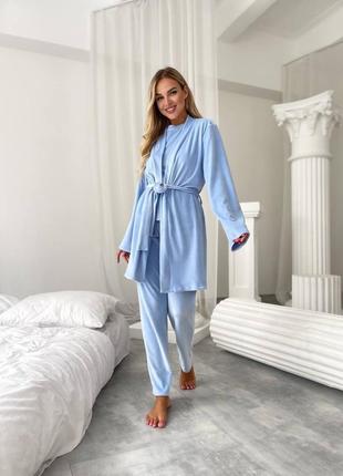 Женский велюровый домашний комплект пижама тройка топ штаны халат