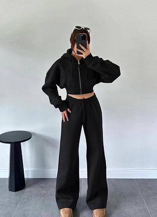 Теплый костюм: укороченная кофта oversize+прямые брюки палаццо на высокой посадке свободного кроя черный бежевый стильный