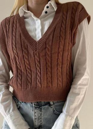 Жилетка шаг топ вязка косичка коричневая shein размер m