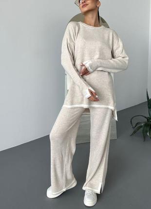 Люксовый брючный костюм производства туречковина 🏆, беж и черный, палаццо и джемпер удлиненный оверсайз, кофта, брюки