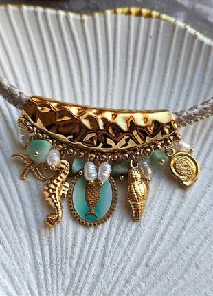 Колье yhpup морской брез с подвесками на шнурке, сталь с покрытием pvd gold