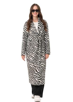 Пальто женское длинное демисезонное, эко альпака, в принт зебра, черно - белое