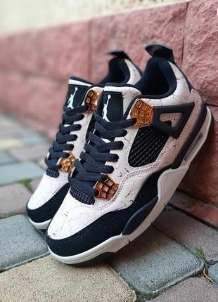 Nike air jordan 4 retro бежевые с черным кроссовки кеды женские кожаные кожа замша замшевые найк джордан осенние весенние демисезонные топ качество
