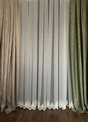 Тюль грек сетка с вышивкой по низу белый, высота 300 см