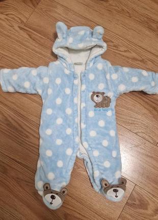 Теплый пушистый голубой комбинзон для малышки с мишкой 💙🐻💙