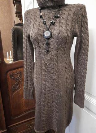 Красивое теплое вязанное платье туника, шерсть с мохером, косы шоколадного цвета