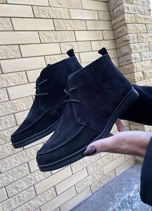 Высокие лоферы со шнуровкой, черный, натуральная замша, деми/ зима