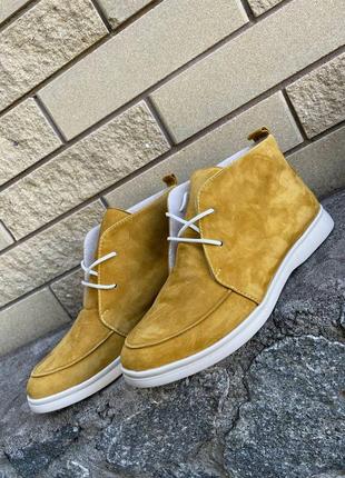 Высокие лоферы со шнуровкой, горчичный, натуральная замша, деми/ зима