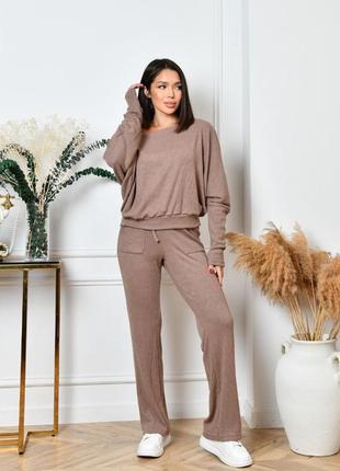 Брючный костюм женский нарядный теплый повседневный ангоровый в рубчик базовый бежевый серый черный коричневый дворцово батал зимний