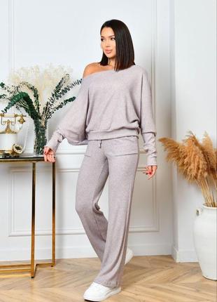 Брючный костюм женский нарядный теплый повседневный ангоровый в рубчик базовый бежевый серый черный коричневый дворцово батал зимний